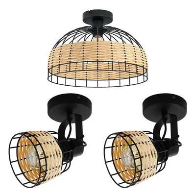 Low Ceiling Light & 2x Matching Wall Lights Black & Wicker Wood Cage Shade