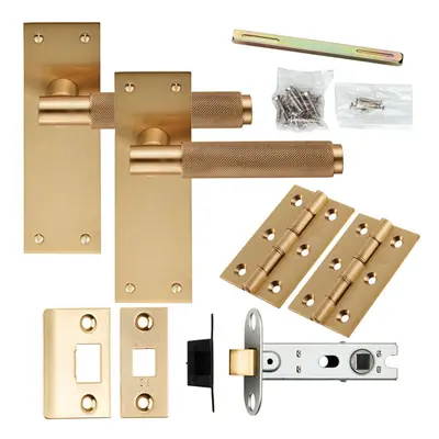 Door Handle & Latch Pack Satin Brass Knurled Round Bar Lever Slim Backplate