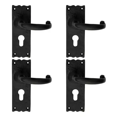 4x PAIR Forged Curved Handle on Euro Lock Backplate x 54mm Black Antique