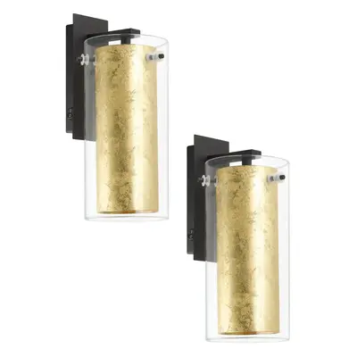 2 PACK Wall Light Colour Black Back Plate Shade Gold Inner Clear Glass E27 40W