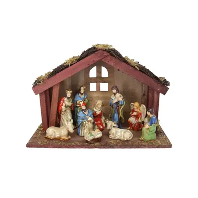 11-Piece Traditional Christmas Nativity Set | Ceramic Figures and Wooden Stable Manger Scene Cri