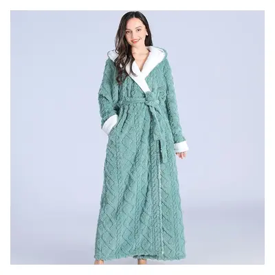 (M, green) Danmo Loose Long Thick Bath Robe Hooded Winter Thick Women Bathrobe Flannel Terry War