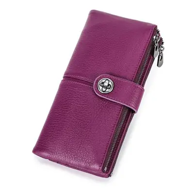 (purple) Genuine Leather Women Long Wallet With Zipper Phone Pocket Money Bag With Airtag Slot F