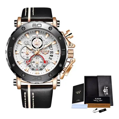 (Gold White) LIGE New Mens Watches Top Brand Luxury Big Dial Military Quartz Watch Leather Water