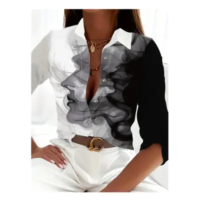 (B25SLTH2461415055, XXXL) Boutique Pattern Printed Button Long Sleeve Women's Shirt Vintage Eleg