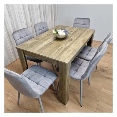 Dining Table and Chairs Rustic Effect Wood Table Grey Velvet Chairs Dining Room