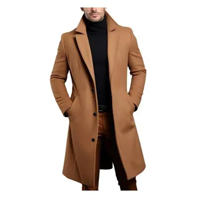 (coffee, XL) Men Solid Color Woolen Coat Autumn Winter Mid-length Windbreaker With Pockets Lapel