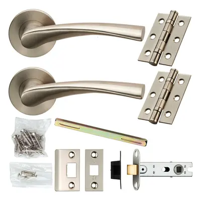 Door Handle & Latch Pack Satin Steel Twisted Curved Lever Screwless Round Rose