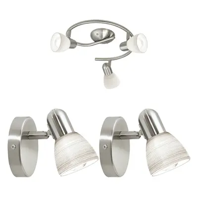 Ceiling Spot Light & 2x Matching Wall Lights Round Satin Nickel Opal Glass Lamp