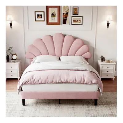 (Pink) 4ft6 Double Upholstered Velvet Bed Frame, with Adjustable Chic Petal Headboard