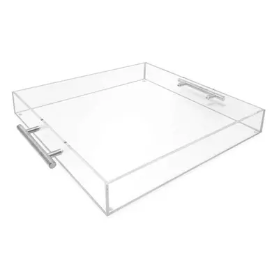 Isaac Jacobs Clear Acrylic Serving Tray 15x15 with Silver Metal Handles SpillProof Stackable Org