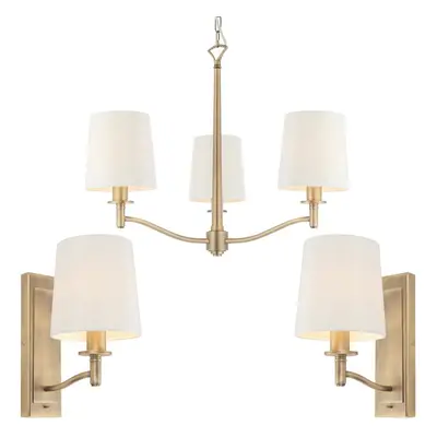 3 Bulb Ceiling Pendant Lamp & 2x Matching Wall Light Matt Antique Brass & Shade