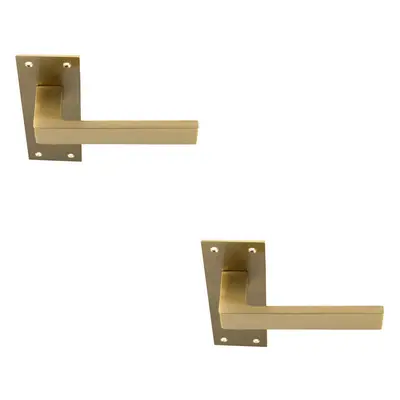 2x PAIR Straight Square Handle on Slim Lock Backplate x 50mm Satin Brass