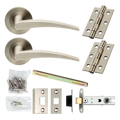 Door Handle & Latch Pack Satin Steel Slim Arched Lever Screwless Round Rose