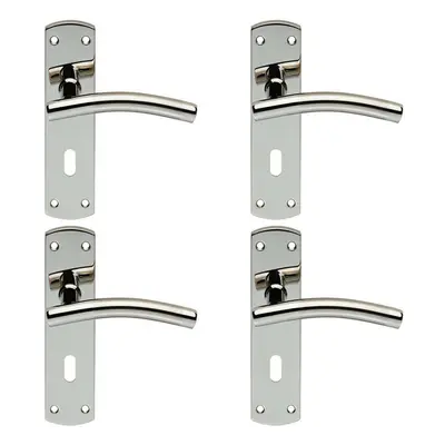 4x Curved Lever on Euro Backplate Door Handle x 44mm Polished & Satin Steel