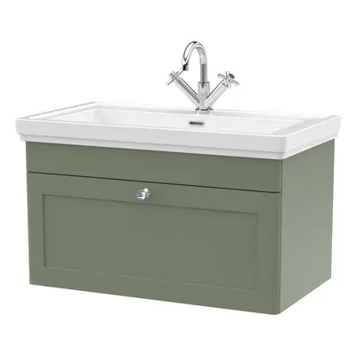 Traditional Wall Hung Drawer Vanity Unit with Tap Hole Fireclay Basin, 800mm - Satin Green