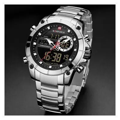 (Silver) Naviforce Mens Fashion Dual Display Watches Stainless Steel Luxury Digital Wristwatch