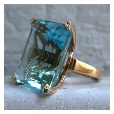 (blue, 6) Real Natural Sea Blue Topaz Princess Diamond Ring Engagement Sapphire Ring 14k Gold An