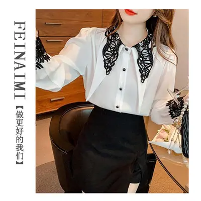 (WHITE, S) Women Spring Summer Fashion Lace Patchwork Solid Color Long Sleeve Chiffon Shirts Lad