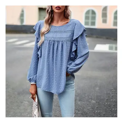 (Blue, M) Women's Spring Summer T-shirt Lady's Solid Color Jacquard Chiffon Shirt Female Flounce