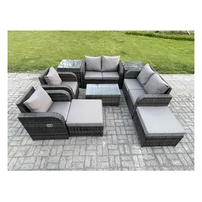 Fimous High Back Rattan Garden Furniture Set with Coffee Table Side Tables Big Footstool Indoor 