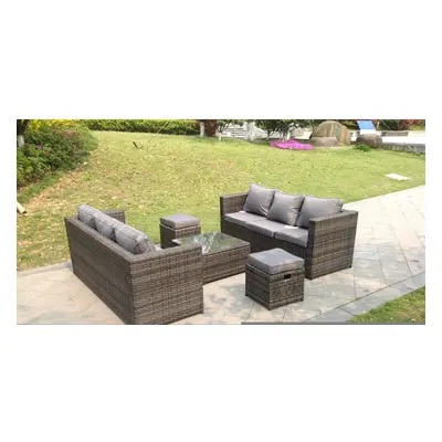 Grey lounge rattan garden furniture set sofa coffee table footstool