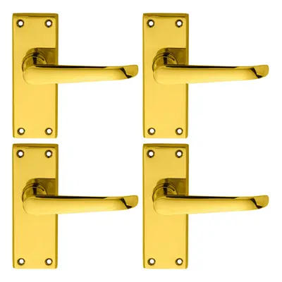 4x PAIR Straight Victorian Handle on Latch Backplate x 42mm Polished Brass