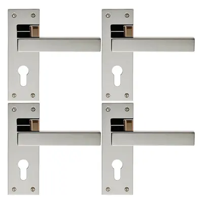 4x PAIR Straight Square Lever on Euro Lock Backplate x 50mm Polished Nickel