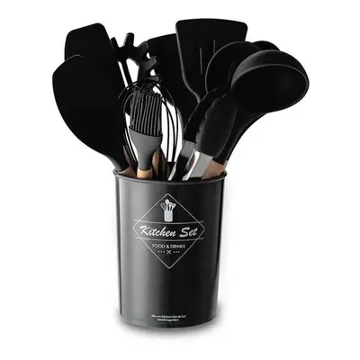 (black) 11pcs Cooking Tool Set Silicone Kitchen Utensils Set Non-stick Spatula Shovel Wooden Han