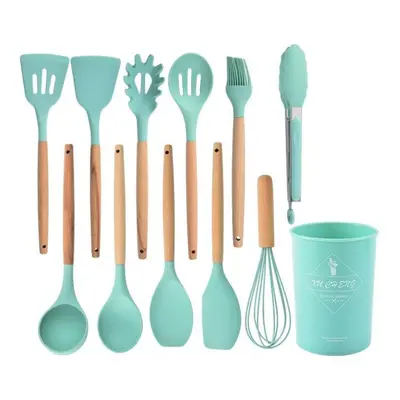 (green, 12pcs (with storage bucket )) Non-stick Silicone Kitchenware Cooking Utensils Set Cookwa