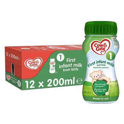 Cow & Gate First Infant Baby Milk Ready to Use Liquid Formula, from Birth, 200ml (Pack of 12)