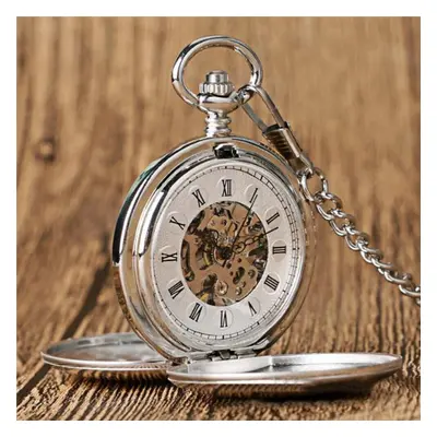 (silver) Vintage Pocket Watches For Men Hollow Gold Color Case Pocket Watch With Chain Roman Sca