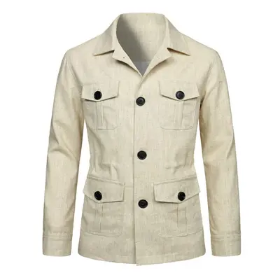 (beige, 4XL) Mens Coats Safari Jacket Linen British Retro Gentry Suit Pockets Outerwear Fashion 