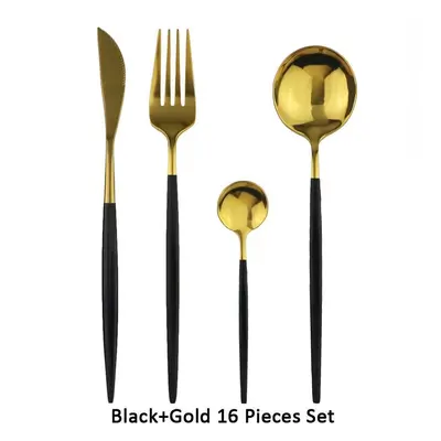 (black,gold, 16pcs) 16pcs Black Cutlery Set 18/0 Stainless Steel Dinnerware Set Kitchen Gold Tab