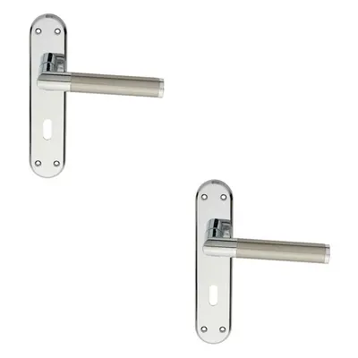 2x Round Bar Lever on Lock Backplate Door Handle x 40mm Chrome & Nickel