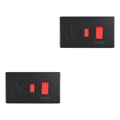 2 PACK 45A DP Oven Cooker Switch & 13A Switched Socket SCREWLESS MATT BLACK