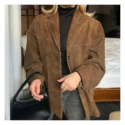 (brown, L) French Vintage Brown Lapel Pocket Jacket Woman Retro Single Breasted Long Sleeve Casu