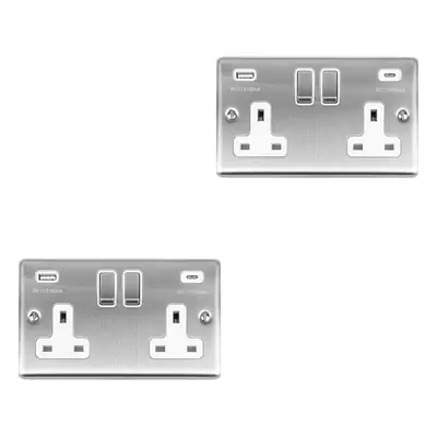 2 PACK Gang UK Plug Socket & 2x 3.1A USB-C & A SATIN STEEL & WHITE 13A Switch