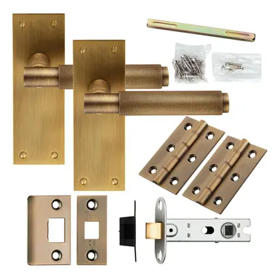 Door Handle & Latch Pack Antique Brass Knurled Round Lever Slim Backplate