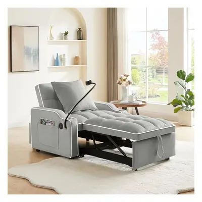 3-in-1 Convertible Grey Sofa Bed Sleeper Chair with Adjustable Backrest, USB Charging & Cup Hold