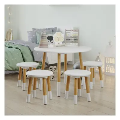 (Table with Stools, White) Kids Wooden Round Table & Chair Set Toddlers Small Children Home Nurs