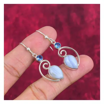 (blue, 1.97 Inches) Blue Lace Agate, Tanzanite Handmade Gemstone Earrings, Solid Sterling Silver