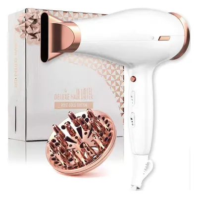 (Rose Gold With Diffuser) 1800w Diffuser Hairdryer with Heat Settings, Speeds & Cool Shot Blow D