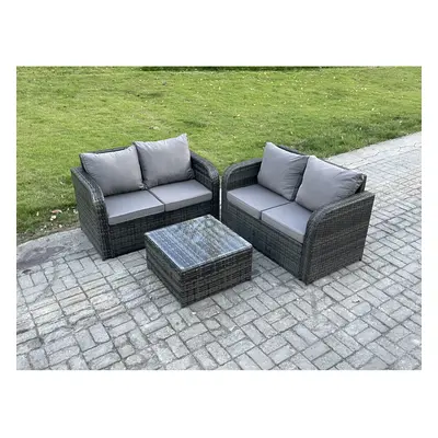 Fimous Rattan Sofa Set Outdoor Garden Furniture Set with Square Coffee Table Loveseat Sofa Dark 