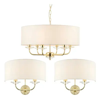 6 Bulb Ceiling Pendant Lamp & 2x Matching Twin Wall Light Modern Brass Plate