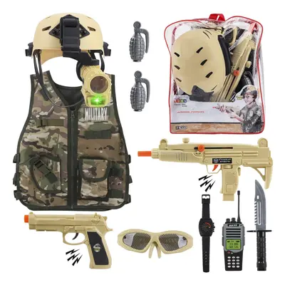 deAO Military Soldier Camouflage Desert War Costume Set with Helmet, Toy Shotgun, Grenades, Acce