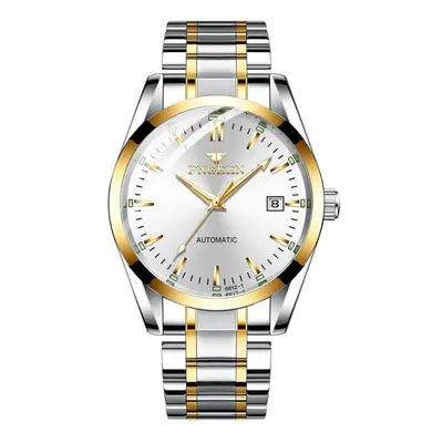 (gold,white) Mens Top Brand Luxury Luminous Waterproof Stainless Steel Automatic Mechanical Wris