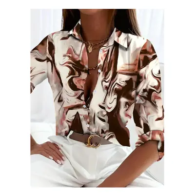 (B25SLTH2461415059, L) Boutique Pattern Printed Button Long Sleeve Women's Shirt Vintage Elegant