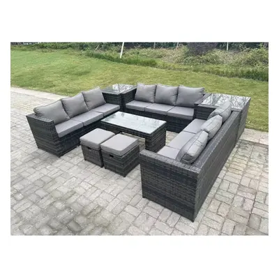 Fimous Outdoor Rattan Garden Furniture Lounge Sofa Set With Oblong Rectagular Coffee Table Stool