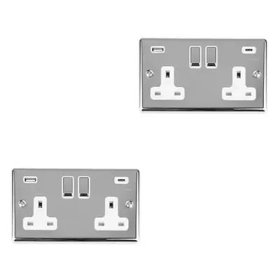 2 PACK Gang UK Plug Socket & Dual 3.1A USB-C & A CHROME & WHITE 13A Switched